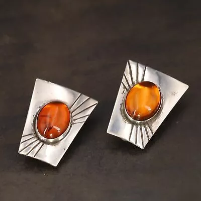 VTG Sterling Silver - SOUTHWESTERN Baltic Amber Cabochon Clip-On Earrings - 7.5g • $2.99