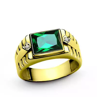 Men's Emerald Ring With Natural Diamonds In 14k Yellow Gold Men's Statement Rin • $835