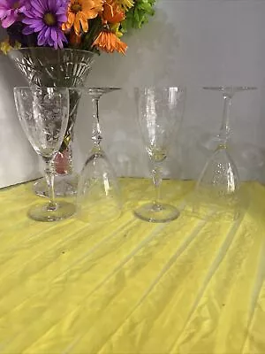 Set Of 4 Vintage Antique Floral Optic Etched Wine/ Water Crystal Glasses  • $29