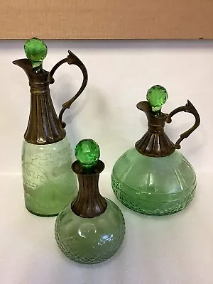 VTG Set Of 3 Wine/ Liquor Green Glass Decanters Each Unique Made In India • $100