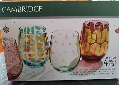 4 Cambridge Retro Stemless Wine Glasses Mid-century Modern Atomic Waves Colored • $49