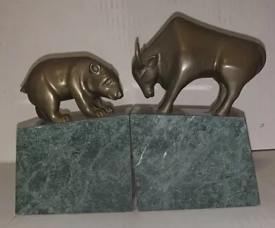 Vintage Wall Street Bookends Bulls And Bears Brass And Green Marble • $69.99