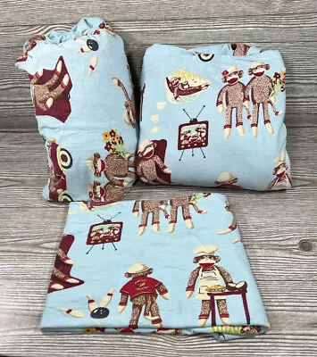 Nick & Nora Sock Monkey Queen 3 Piece Cotton Jersey Sheet Set  DAMAGED READ! • $20.69