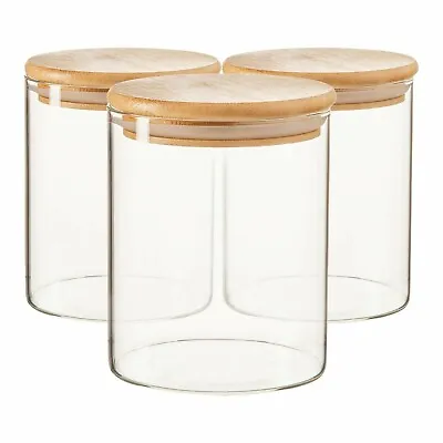 £14.95 • Buy 3x Glass Storage 750ml Canisters With Wooden Lids Container Jar Tea Coffee Sugar
