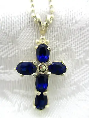 Vintage Estate Jewelry 925 Silver Cross Necklace Pendant Blue Glass  16  Chain • $28