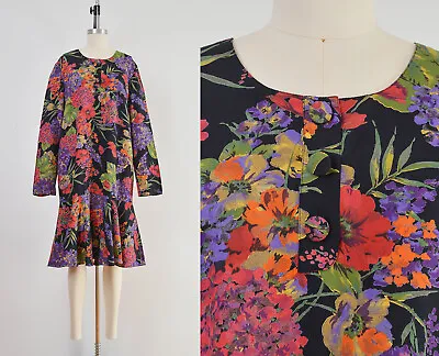 Vintage 80s 90s Black Botanical Floral Drop Waist Midi Length Shift Dress M  • $56