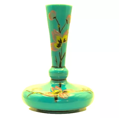 Vintage Turquoise Blue Milk Glass Small Bud Vase. Hand Enameled. 4.75  Tall • $42