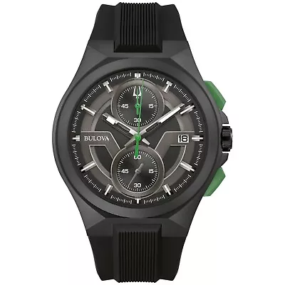 Bulova Maquina Men's Quartz Chronograph Calendar Black Green Watch 46MM 98B381 • $181.99