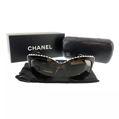 Authentic CHANEL Pearl Sunglass Dark Brown Dark Brown Lens 6040-H #f37389 • £478.77