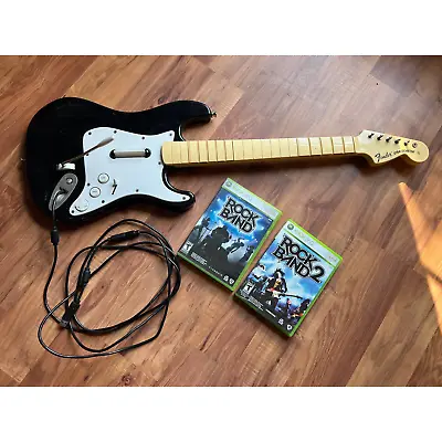 $65 • Buy ROCK BAND XBOX 360 Fender Stratocaster Wired Guitar Bundle W/ 2 Games - TESTED!