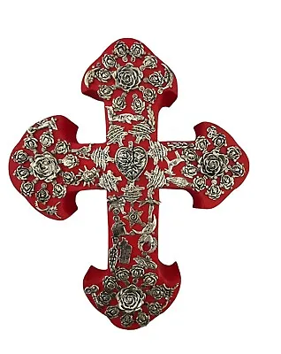 Mexican MILAGROS CROSS ExVotos Wood Cross LG  10” Red Silver • $52.80