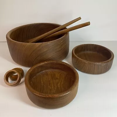 Vintage Wooden Salad Bowl Set Round Bowls With Serving Utensils And Napkin Rings • $25