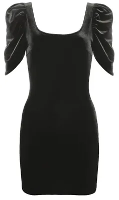 New Rare Black Velvet Rouche Puff Sleeve Bodycon Party Evening Dress UK 10 • $37.89