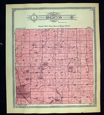 1915 Plat Map Brighton Township Livingston County Michigan School Beach Lake • $22.50