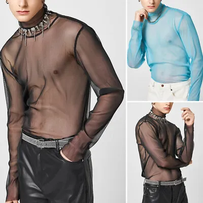 Summer Mens Mesh Sheer See-through Tops Holiday Beach Party Shirt Blouse T-shirt • £9.49