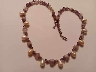 Vintage Handmade Natural Amethyst  Quarts Stone And Pearl Beaded Beautiful  • $175