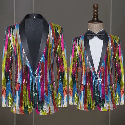 Men Sequin Suit Singer Stage Performance Nightclub Bar Fashion Blazer Coat • $69