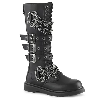 DEMONIA BOLT-450 Mens Combat 20 Eyelet Black Vegan Leather Knee High Chain Boots • $127.95