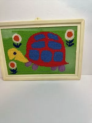 Vintage MCM Cute Needlepoint Picture Turtle Green Background Unfinished • $12