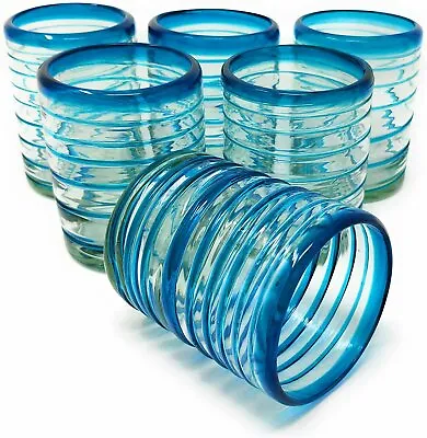 Hand Blown Mexican Drinking Glasses – Set Of 6 Tumbler Glasses - Aqua Spiral • $49.99