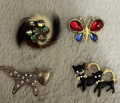 Job Lot Of 4 Vintage Brooches Fox Cats Butterfly Mink • £16.99