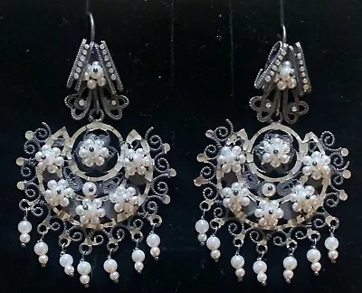 Mexican Mexico Oaxacan Pearl Sterling Silver Filigree Frida Wedding Earrings • $260