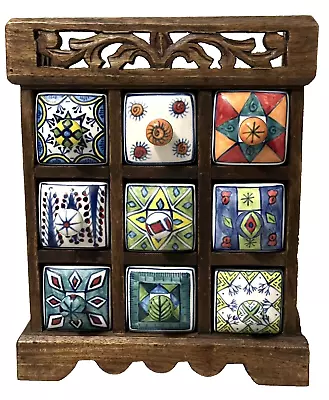 Vintage Tabletop Desktop Mini Chest Of 9 Drawers  Wood & Ceramic Geometric • $109.99