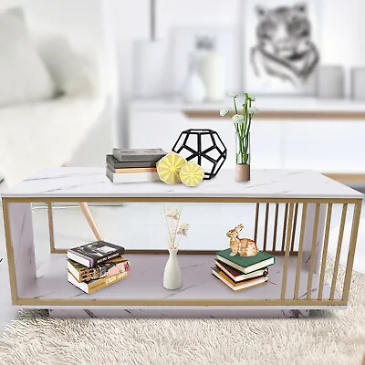 Modern White GOLD Coffee Table High Gloss Marble Veneer Rectangle Living Room • $109.24