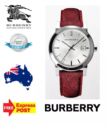 New Burberry 'the City' Bu9123 Silver/red Leather Check Womens Quartz Watch • $319.99