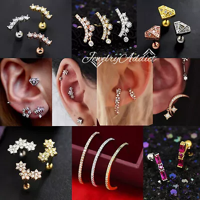$7.74 • Buy Gem Crystal Ear Cartilage Helix Ring Bar Stud Ear Cuff Climber Piercing Earring