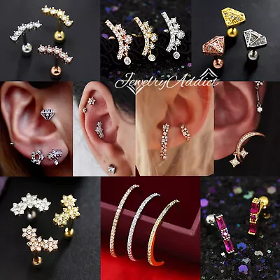 Gem Crystal Ear Cartilage Helix Ring Bar Stud Ear Cuff Climber Piercing Earring • $5.43