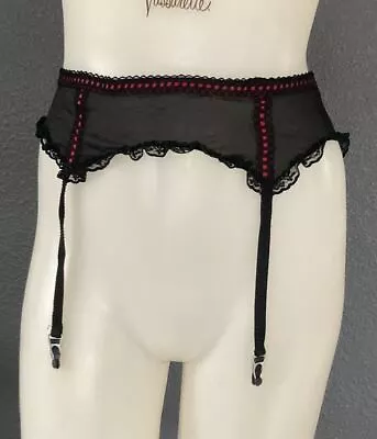 Black And Red Vintage Nylon Sheer Sexy Ribboned Garter Belt Small 22-28 • $14.99