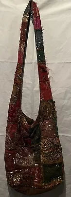 India Boutique Hobo Crossbody Distressed Brown Sequins Bag Purse Cotton FLAWS • $9.95