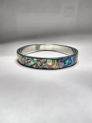 Vintage Alpaca Mexico Silver Tone Abalone Shell Inlay Bangle Bracelet • $19.98