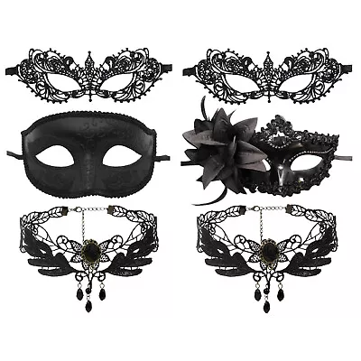 3Pcs Womens Girls Gothic Venetian Black Lace Choker Necklace Mask Masquerade Set • $13.01