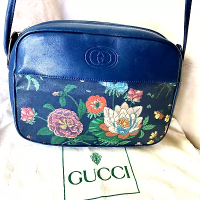 Gucci Vintage Navy Blue Flora Monogram Camera Floral Crossbody + Dust Bag • $335