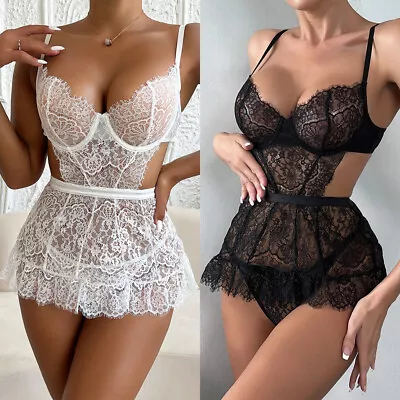 Women's Sexy Lingerie Lace See Through Suspender Skirt Underwear Two-Piece Sets • £13.19