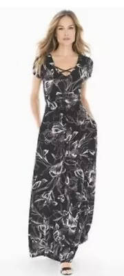 Soma XL Cross Front Maxi Dress Black White Floral Stretch Pockets Cap Sleeve NWT • $35