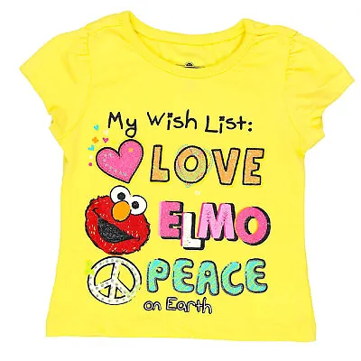 Sesame Street Girls ShortSleeve Tee Yellow WishList Love Elmo Peace 12M/2T/3T/4T • $8.88