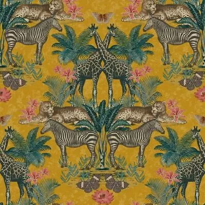 Grandeco Animal Kingdom Tropical Jungle Animal Print Palm Ochre Yellow Wallpaper • £10.95