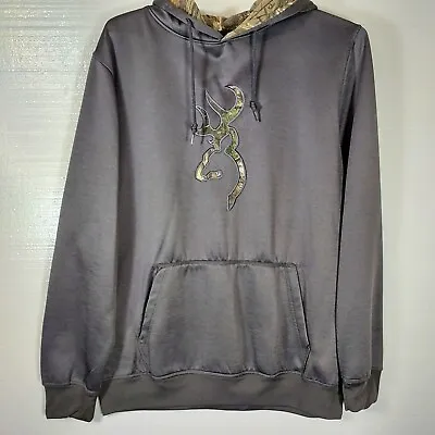 Browning Hoodie Mens L Pullover Long Sleeve Black Pocket Gray Camo Fleece Lined • $18.23