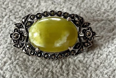 £5.99 • Buy Vintage Silver And Marcasite Brooch With Green Cabochon Centre, See Description