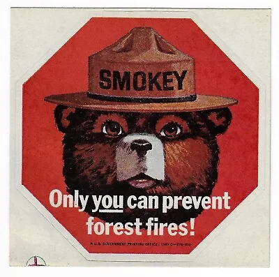 Vintage 1967 NOS Smokey Bear Decal Sticker Only You Can Prevent Forest Fires • $10
