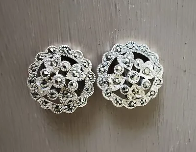 Vintage 925 Sterling Silver Marcasite Clip On Earrings Excellent Condition • £7.95