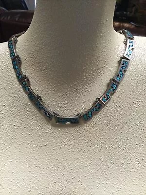 Vtg Mexico Sterling & Turquoises Deco Tribal Link Necklace 32 Grams 17 In TAXCO • £60.82