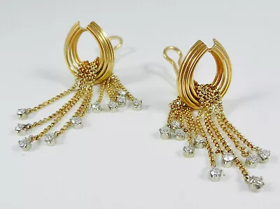 Vintage Art Deco 14k Yellow White Gold Diamond Waterfall Dangle Omega Earrings • $965