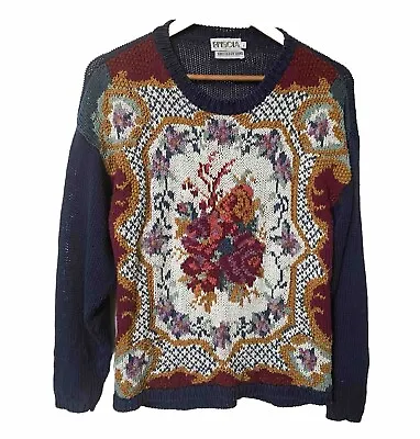 Vintage Episcia Floral Hand Knit Cotton Granny Sweater • $21.95