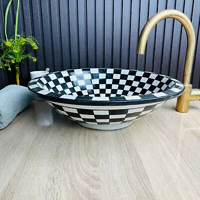 Black And White Roll Effect Bathroom Vessel Sink Hand-painted Artisan Sink • $205