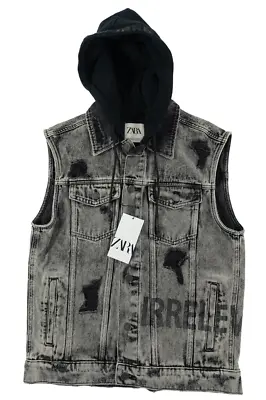 Zara NEW Retro Irrelevant Issue Distressed Denim Mens M Jean Jacket Hooded Vest • $37.99