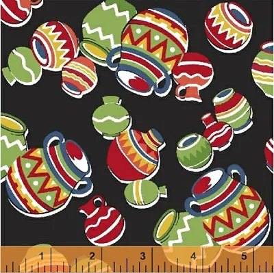 Windham Black Pots SOUTH OF THE BORDER Fabric Mexicana Aztec American Novelty • £7.70